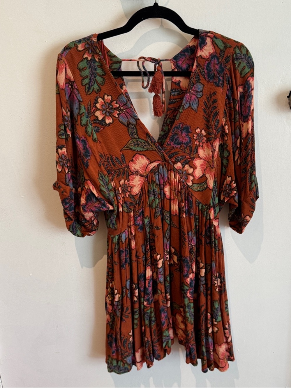 Floral V-Neck Rust Midi Dress. Beach Dress